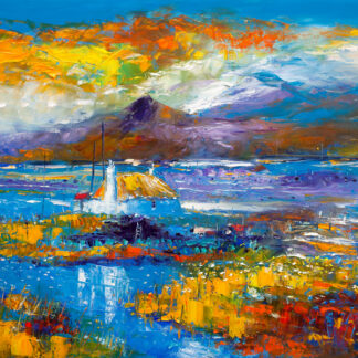 Colorful impressionist-style painting of a vibrant seascape with a boat and mountain under a dynamic, textured sky. By John Lawrie Morrison OBE